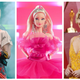 Margot Robbie (left) in her Birds of Prey costume, Barbie (middle) in a tulle pink gown, and Grega Gerwig (right) in a yellow gown at the Oscars.